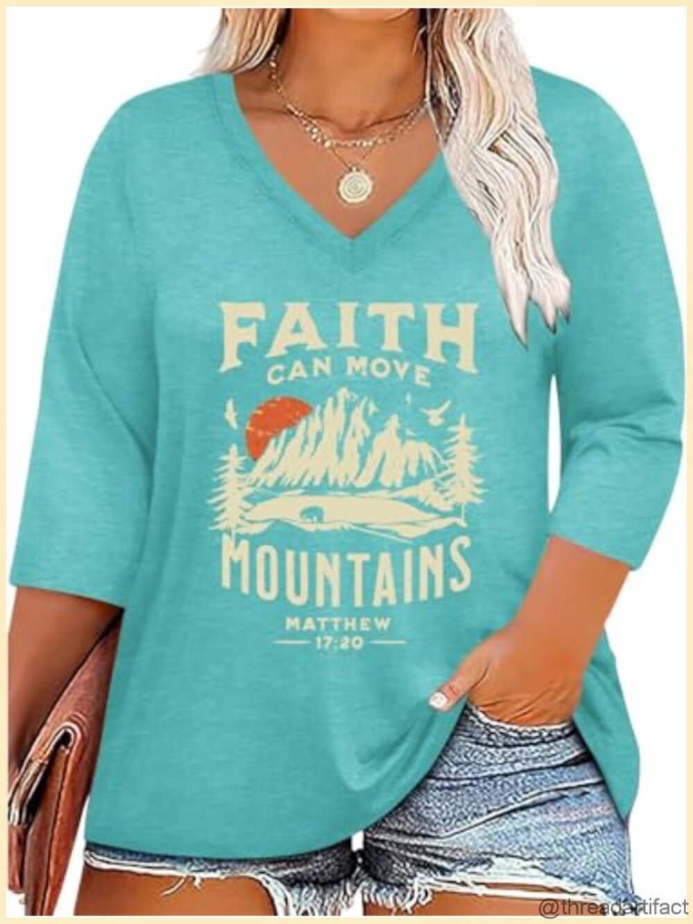 Plus Size 3/4 Sleeve Graphic Tee V-Neck Loose Fit Tunic Top